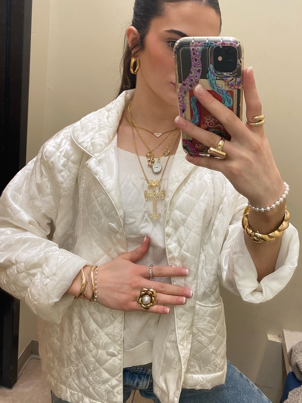 Vintage Classic Quilted Satin Jacket in White